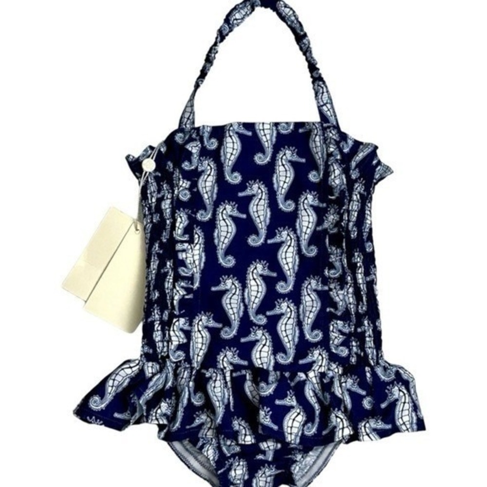 Rachel Riley 2 Years Little Girls Blue Seahorse Ruched 1 Piece Swimsuit NWT